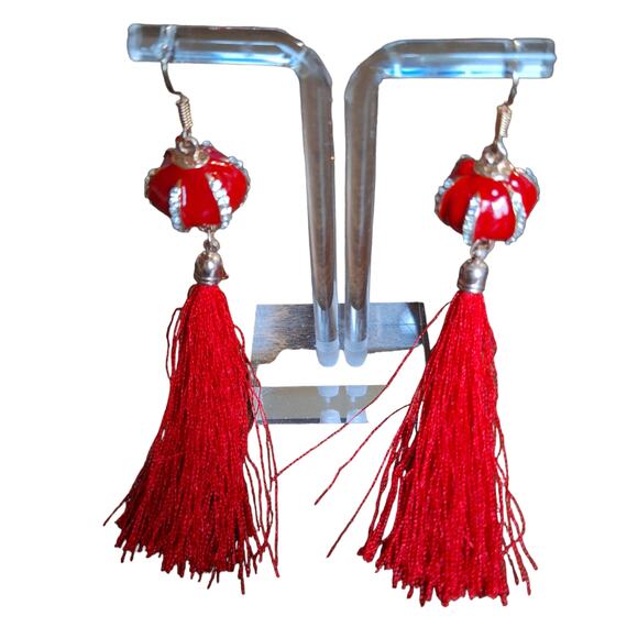 Red Lg Bead w/Rhinestones & Tassel Dangle Earrings - Picture 2 of 4